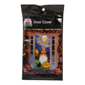Happy Halloween Gnome Wizard Bats Black Cat Jac-o'-Lantern Door Cover 30" x 72"